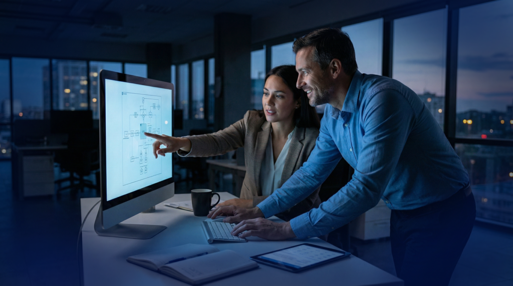 Outsourced IT vs Co-Managed: Choose What's Best for You 3 An internal IT manager collaborating with an external MSP expert at a computer, representing the co-managed IT Seattle partnership.
