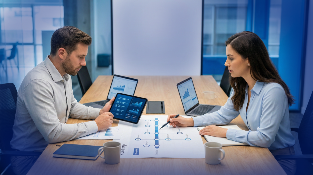 Outsourced IT vs Co-Managed: Choose What's Best for You 4 Business professionals reviewing a digital checklist to compare the cost, coverage, and control of different IT models.