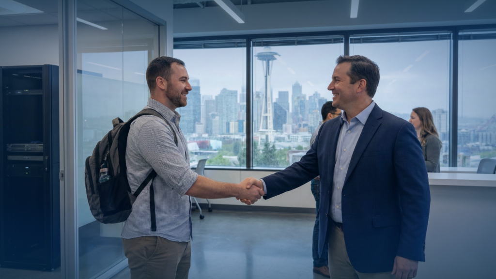 A local IT technician shaking hands with a business owner in a Seattle office.