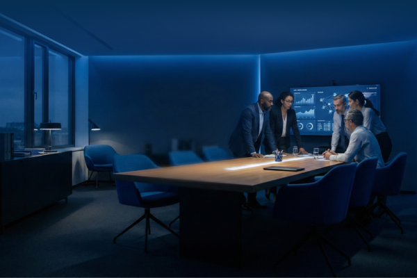 A bright, modern office view of the Seattle skyline, representing local business growth and technology.
