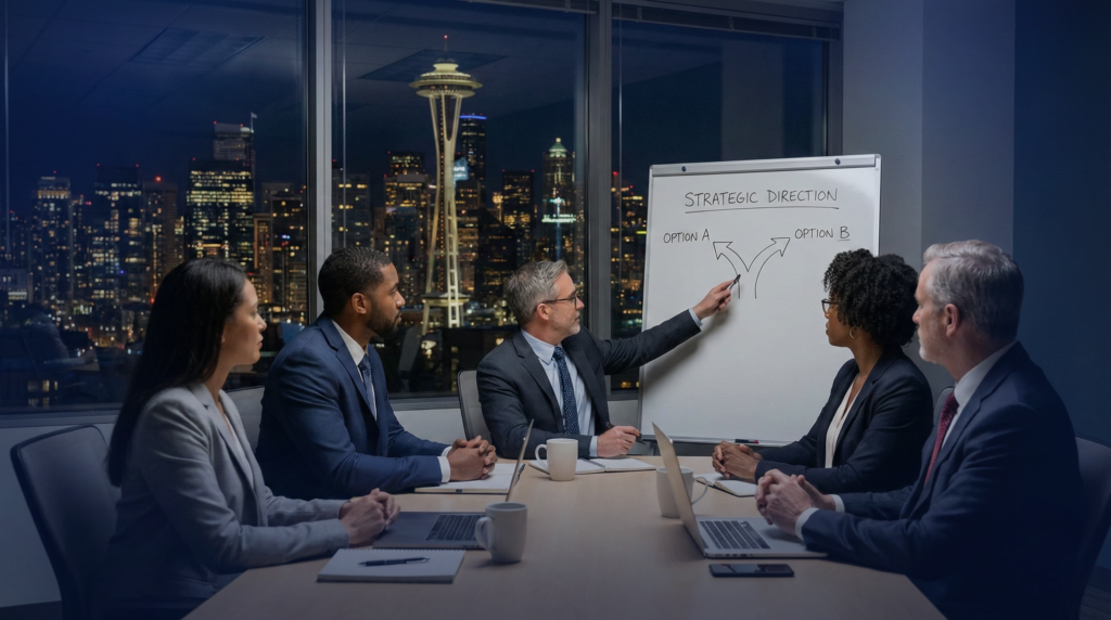 Outsourced IT vs Co-Managed: Choose What's Best for You 1 A view of the Seattle skyline from a conference room, representing the strategic choice between outsourced IT Seattle and co-managed IT Seattle for local businesses.