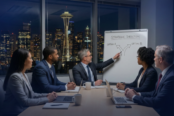A view of the Seattle skyline from a conference room, representing the strategic choice between outsourced IT Seattle and co-managed IT Seattle for local businesses.