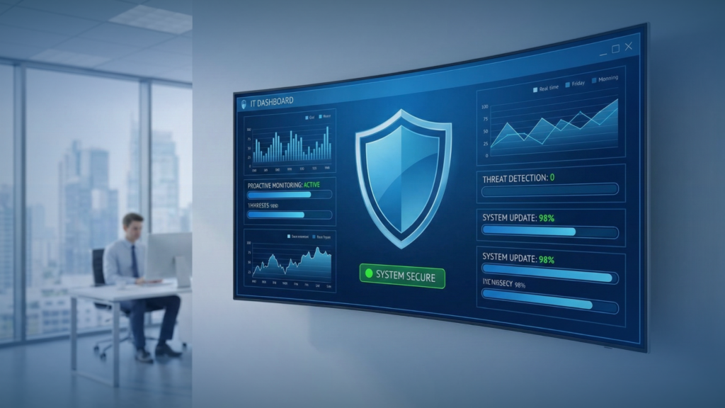A digital dashboard displaying secure network status and proactive monitoring metrics.