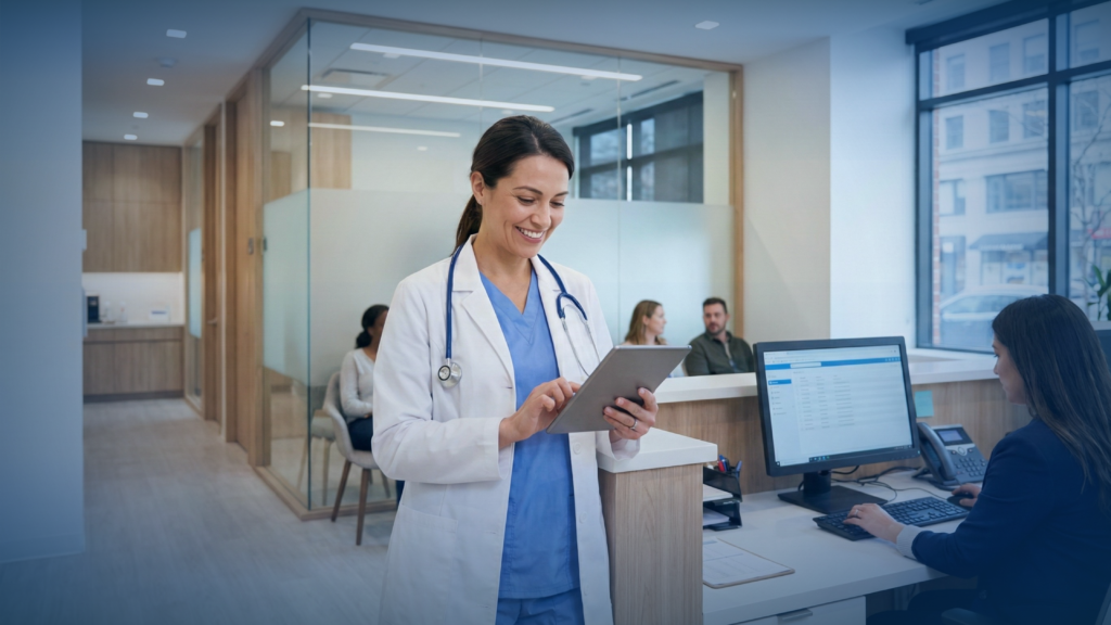 Healthcare IT Support: Protecting Your Practice and Patients 7 A smiling doctor using a computer tablet in a modern clinic, showcasing the efficiency gained from reliable healthcare IT support.