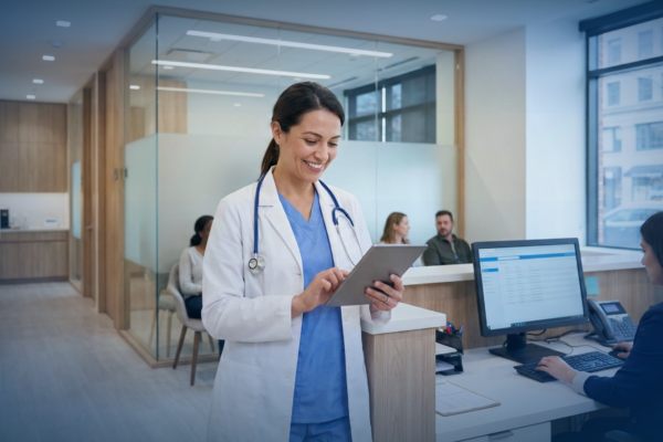 A smiling doctor using a computer tablet in a modern clinic, showcasing the efficiency gained from reliable healthcare IT support.