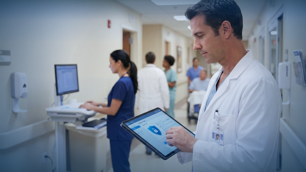 Healthcare Security Systems: Protecting Hospitals and Patient Data 3 A healthcare professional securely accessing patient records on a tablet, representing modern healthcare security systems in a hospital setting.