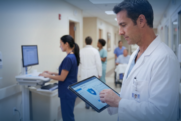 A healthcare professional securely accessing patient records on a tablet, representing modern healthcare security systems in a hospital setting.