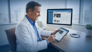 A physician securely reviewing patient records on a digital tablet, supported by specialized IT support for physicians.
