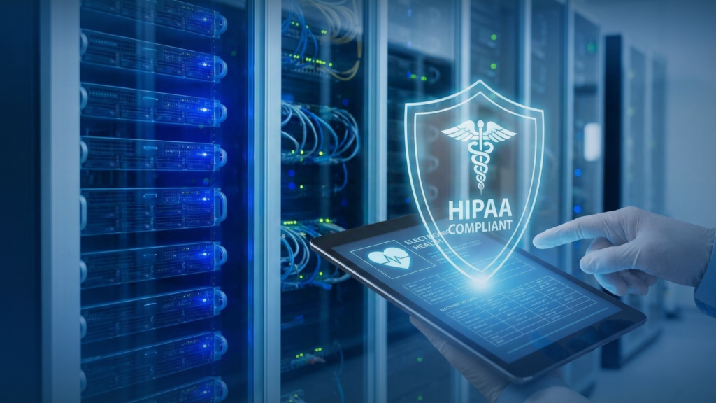 A digital shield protecting electronic health records, symbolizing the robust security provided by IT support for the medical industry.