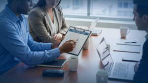 A business team reviewing a ransomware disaster recovery plan checklist to ensure readiness.
