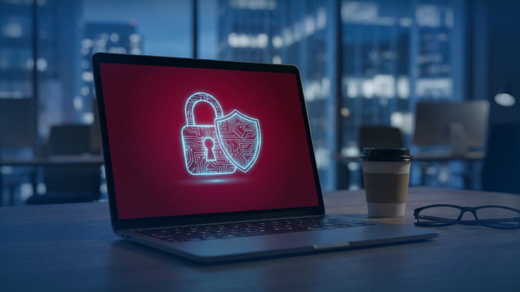 Ransomware Recovery Plan: How to Restore Your Data Fast 1 A digital lock icon on a computer screen representing a cybersecurity threat, illustrating the need for a solid ransomware recovery plan.