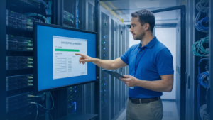 A network engineer monitoring a data restoration process in a server room, executing a server ransomware recovery protocol.