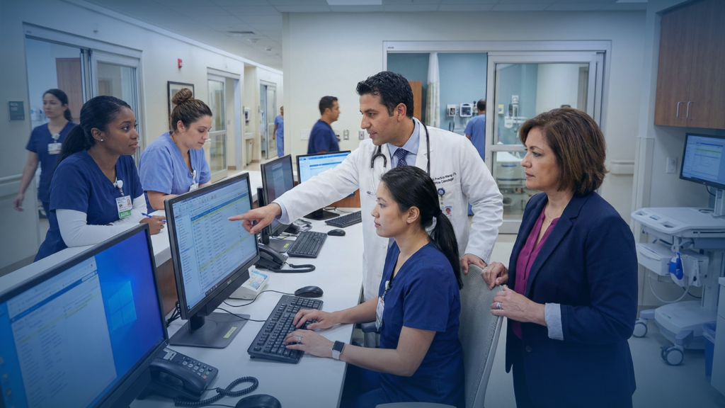 A medical team collaborating efficiently at a nurse station, backed by comprehensive IT support for medical practices.