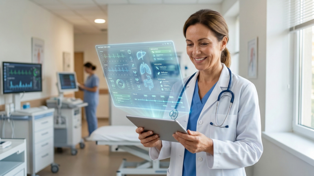 Reliable Healthcare IT Support: Empowering Physicians and Practices 6 A smiling physician using a tablet in a modern clinic, representing the reliable healthcare it support that empowers medical staff.