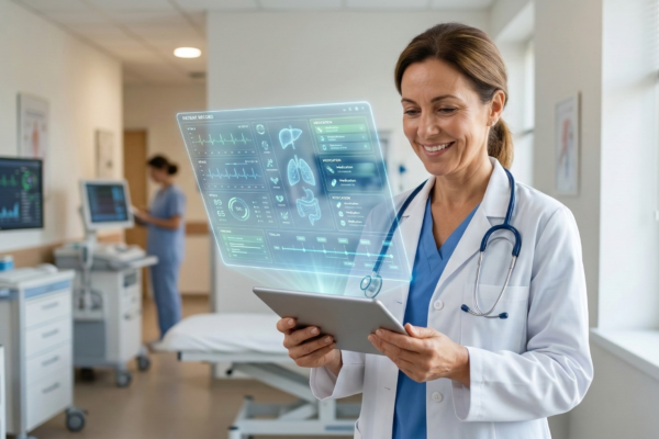 A smiling physician using a tablet in a modern clinic, representing the reliable healthcare it support that empowers medical staff.