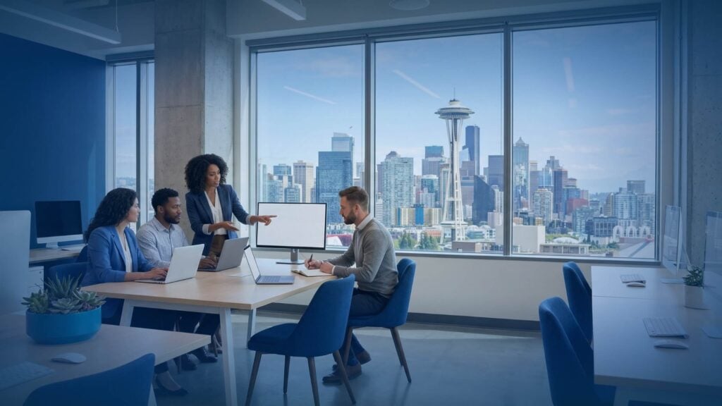 Best IT Support for Small Business Seattle: 5 Essential Services 2 A view of the Seattle skyline from a modern office, representing the local growth powered by trusted it support Seattle providers.