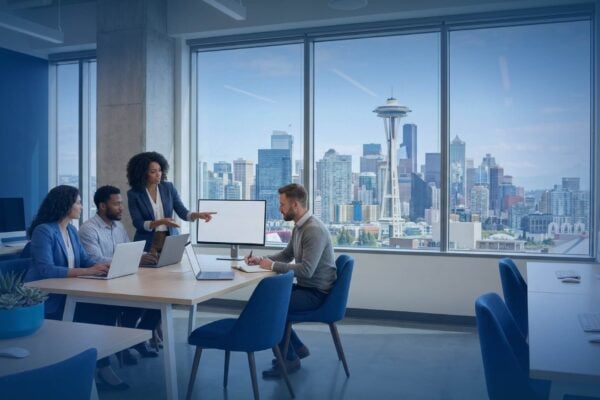 A view of the Seattle skyline from a modern office, representing the local growth powered by trusted it support Seattle providers.