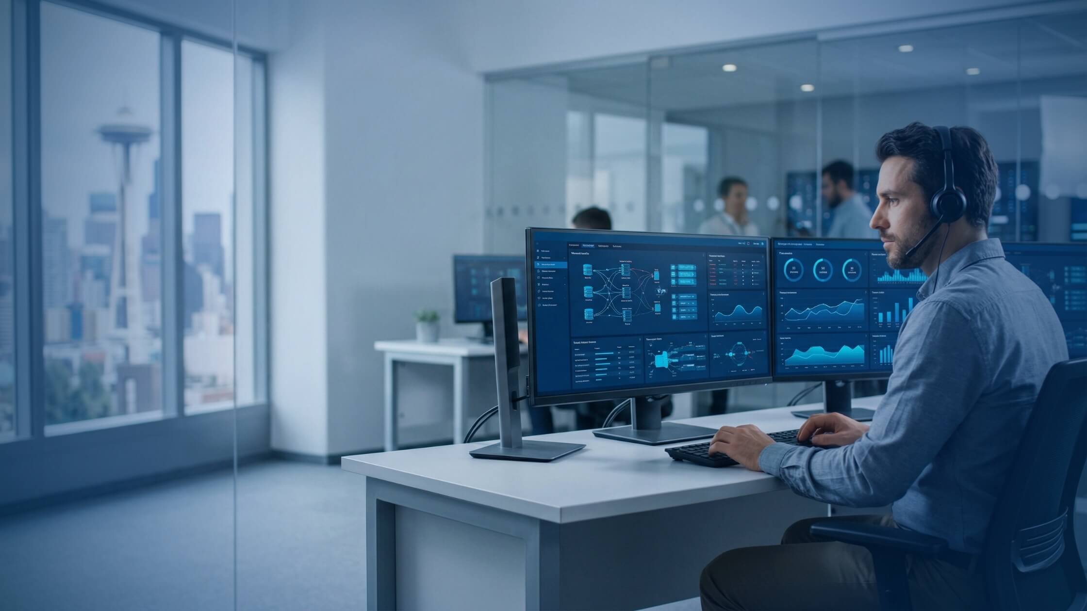 An IT professional monitoring a network dashboard, a key feature of the managed services Seattle businesses rely on to prevent downtime.