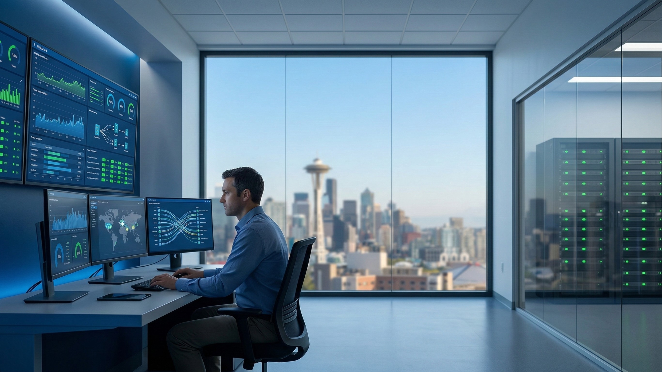 An IT professional monitoring a network dashboard, a key feature of the managed services Seattle businesses rely on to prevent downtime.
