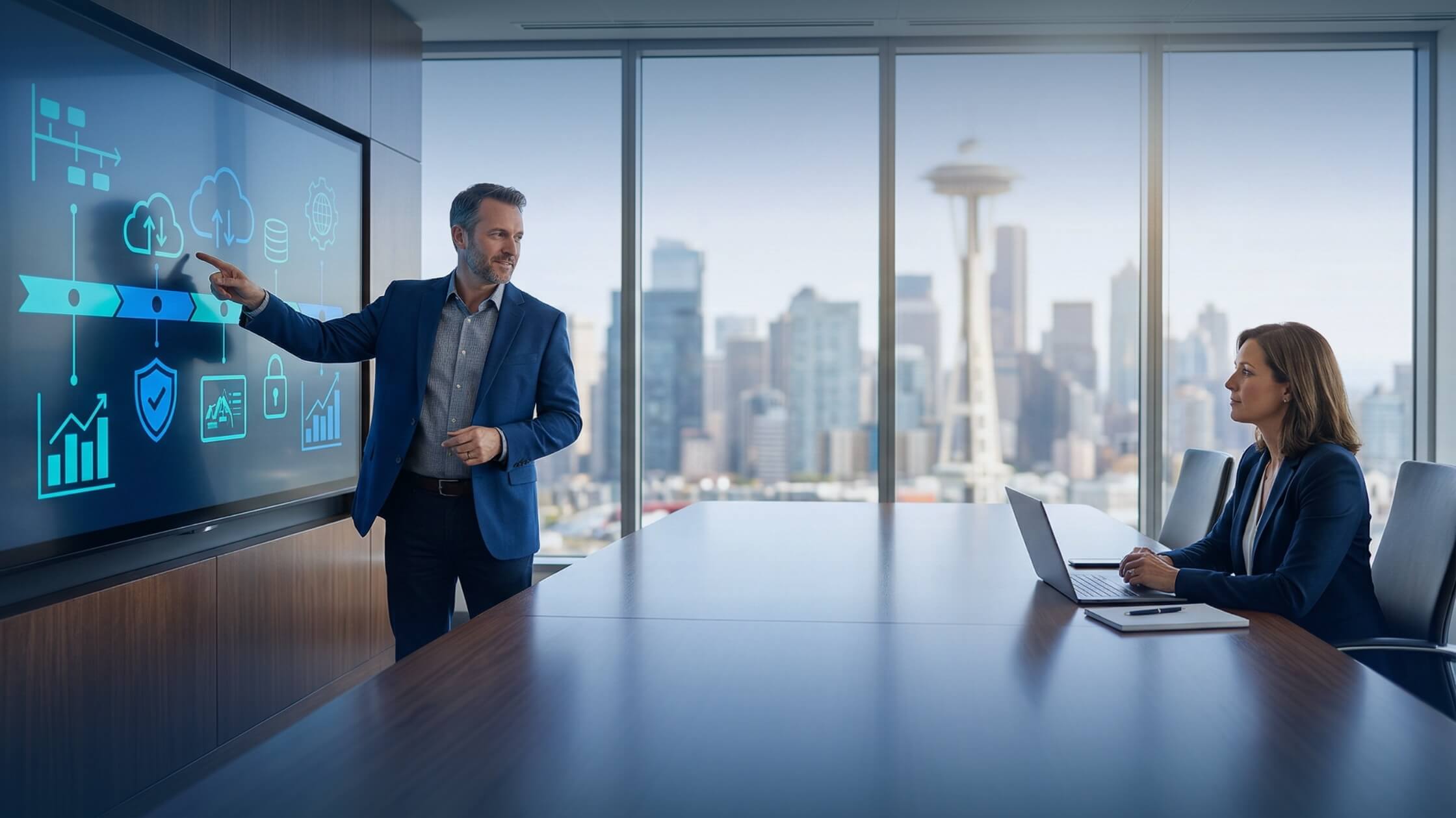 A business executive and IT consultant reviewing a technology roadmap, showcasing the strategic value of outsourced it Seattle services.
