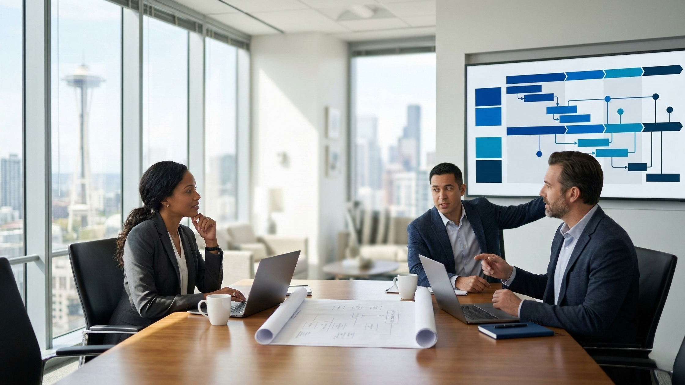 A small business team collaborating efficiently in a modern workspace, supported by affordable small business it support Seattle.