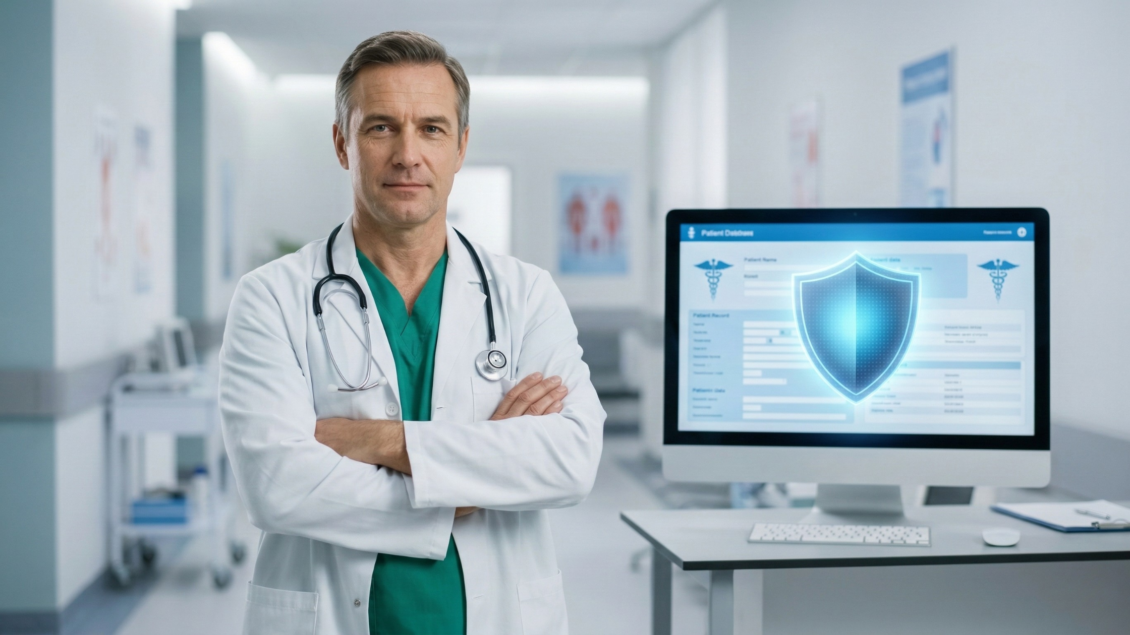 Reliable Healthcare IT Support: Empowering Physicians and Practices 3 digital shield protecting patient data on a medical interface, symbolizing the robust security provided by medical it support services.