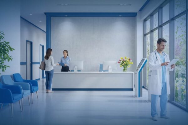 A bright and clean medical office reception area representing a fresh start with professional healthcare IT support.