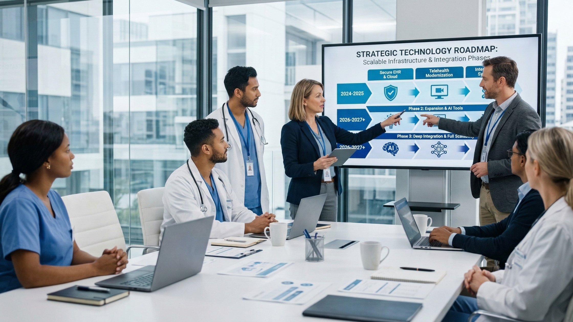 Reliable Healthcare IT Support: Empowering Physicians and Practices 4 A medical practice manager reviewing a technology roadmap, representing the strategic value of it support for medical practices.
