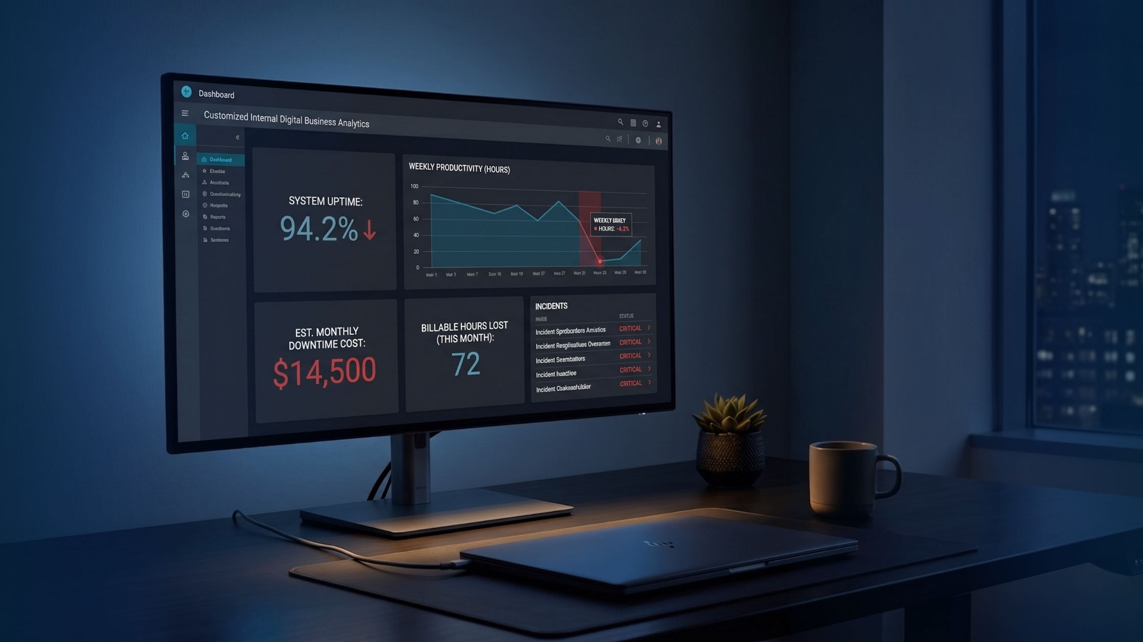 Minimalist digital dashboard showing business performance metrics for managed IT services in Tacoma