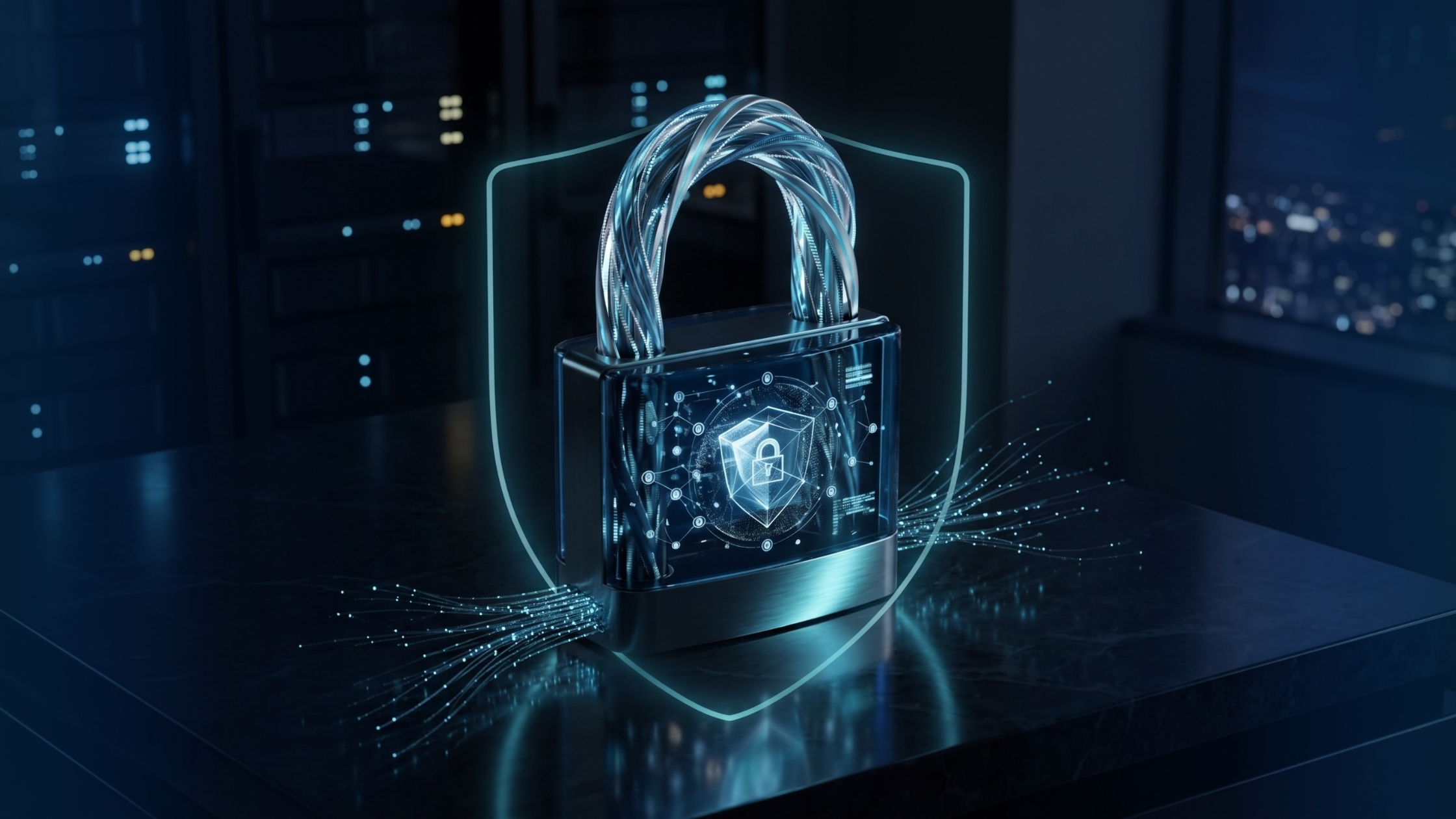 Abstract digital lock icon representing secure IT support for Seattle small businesses