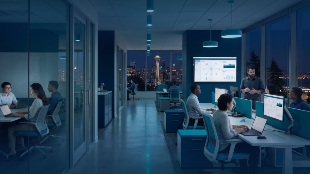 IT Support Seattle: A Guide for Growing Businesses in 2026 4 A team of IT professionals working in a modern, well-lit Seattle office, representing proactive managed IT services.