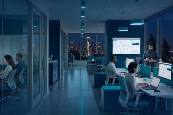 A team of IT professionals working in a modern, well-lit Seattle office, representing proactive managed IT services.