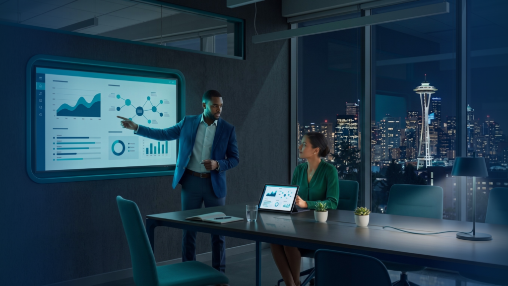 IT Company Seattle: What to Look For in 2026 1 An IT consultant reviewing a strategic technology roadmap with a business owner, highlighting vCIO services Seattle.