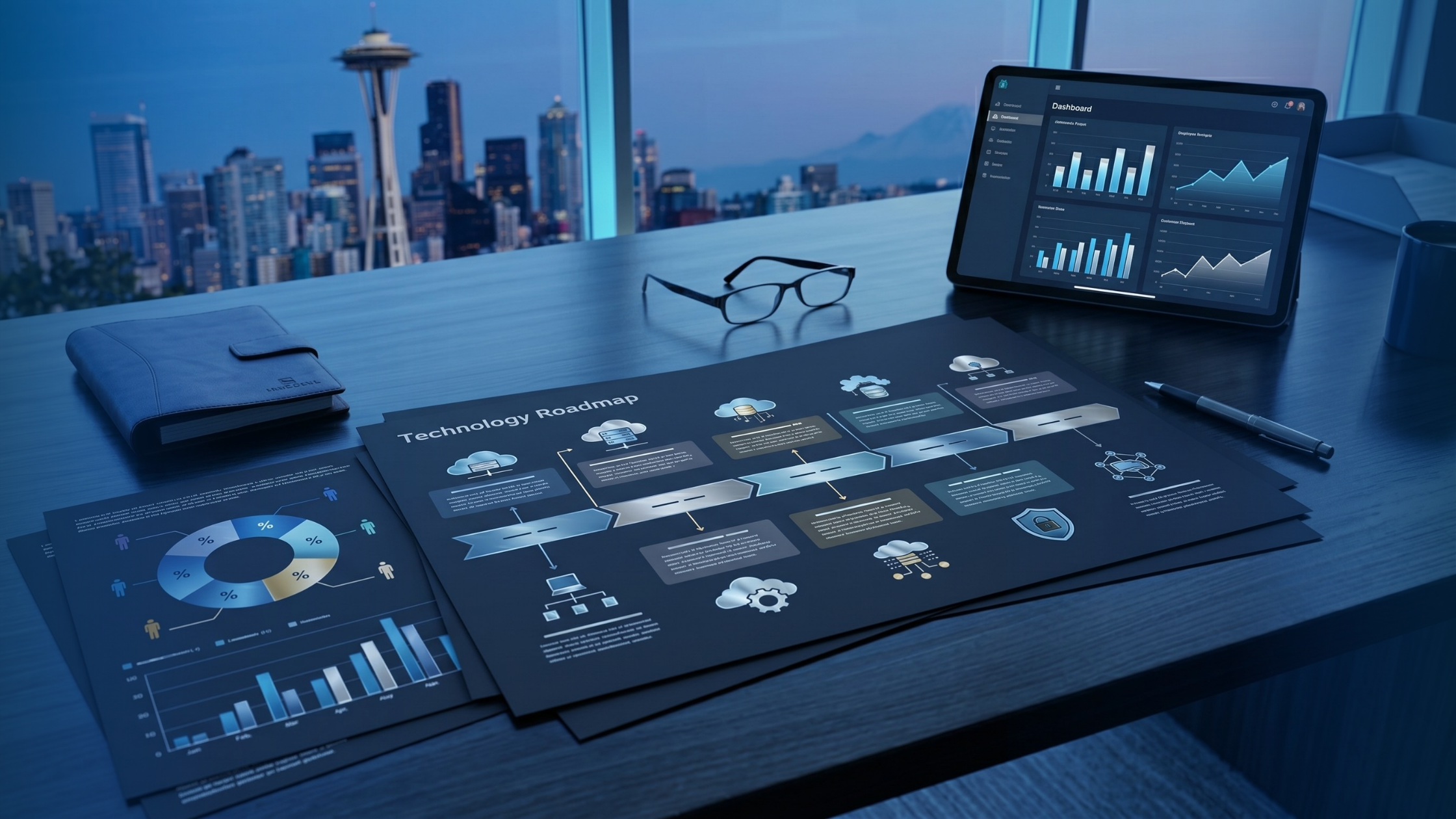 A clean, high-end corporate desk setting showing a strategic technology roadmap and analytics laid out for review. 
