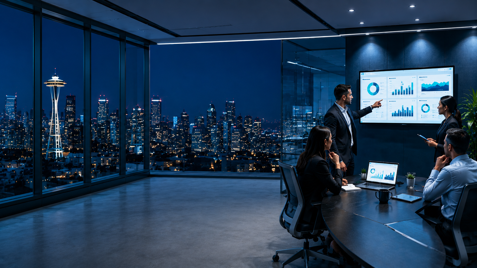  it support company seattle reviewing IT budgeting and managed services pricing in a modern office environment. 