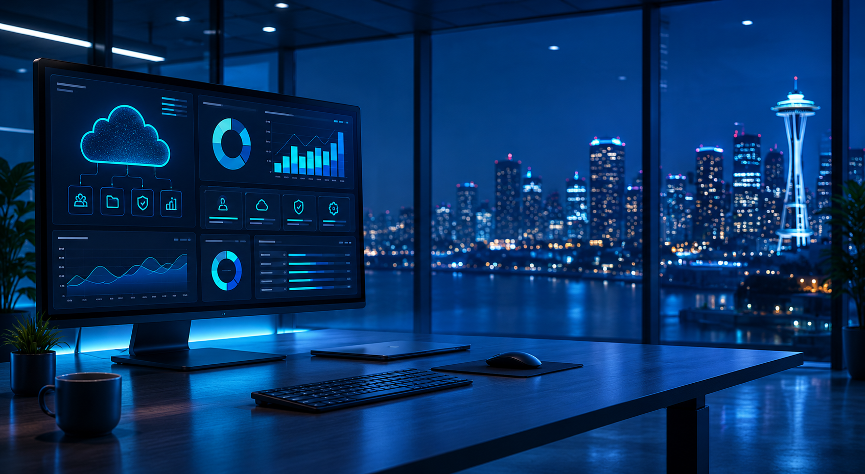A cloud software management dashboard displayed in a modern office environment.