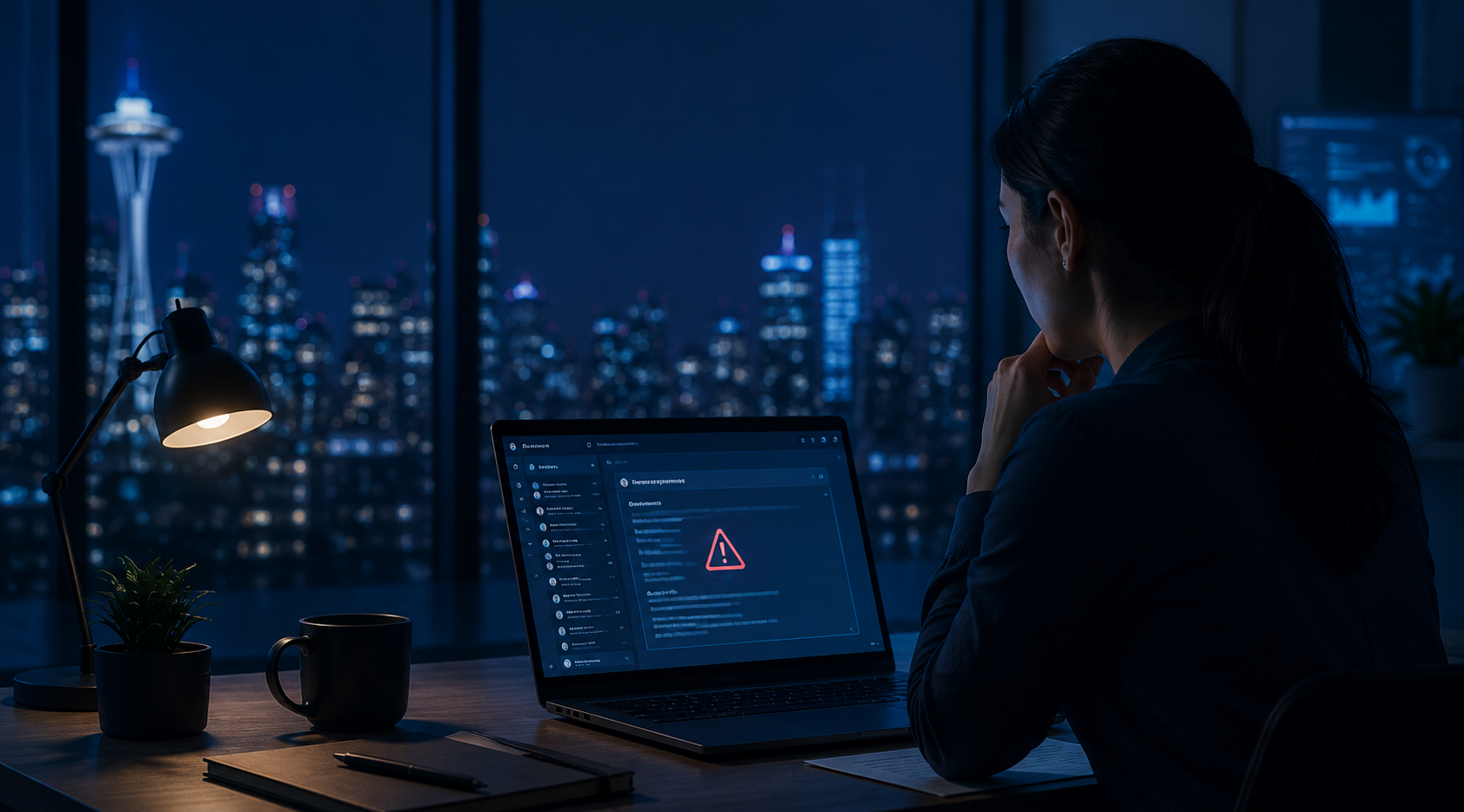 An employee identifying a suspicious phishing email on a business laptop.