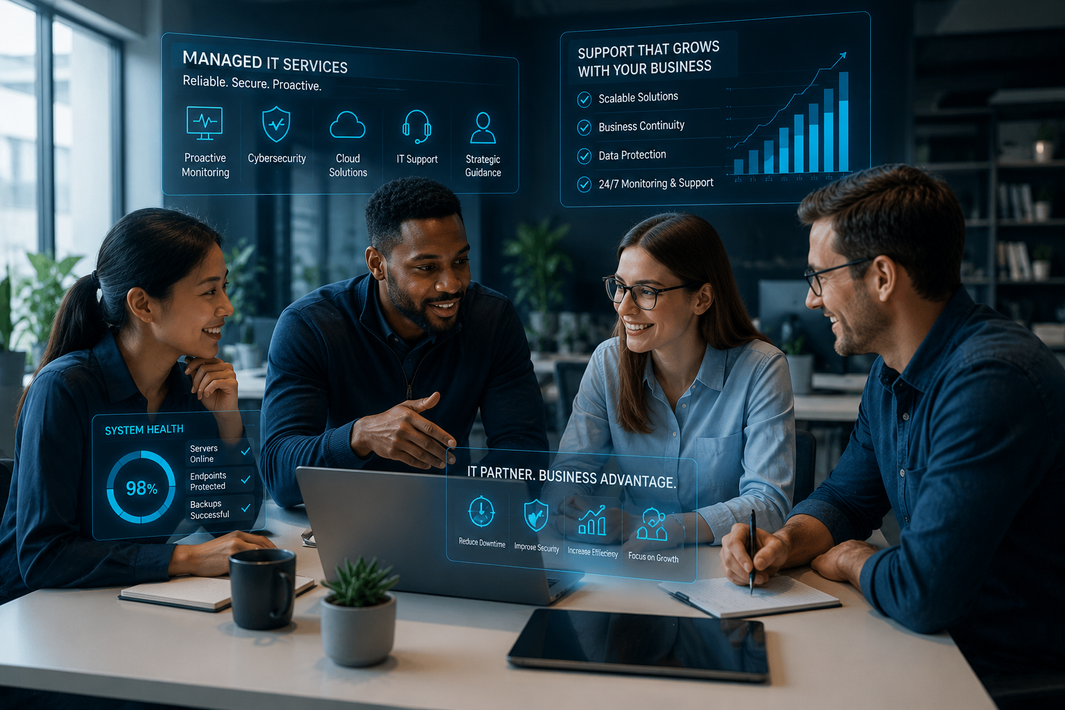 Managed Service Provider Seattle: 7 Key Tips 4 A small business team working with a Managed Service Provider Seattle businesses trust in a modern office environment.