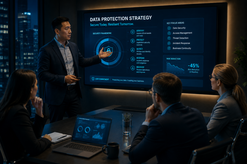 Cybersecurity Consulting Seattle for Small Businesses 1 A cybersecurity consultant reviewing data protection and recovery planning with a Seattle small business owner.