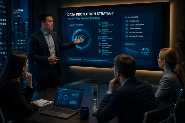 A cybersecurity consultant reviewing data protection and recovery planning with a Seattle small business owner.