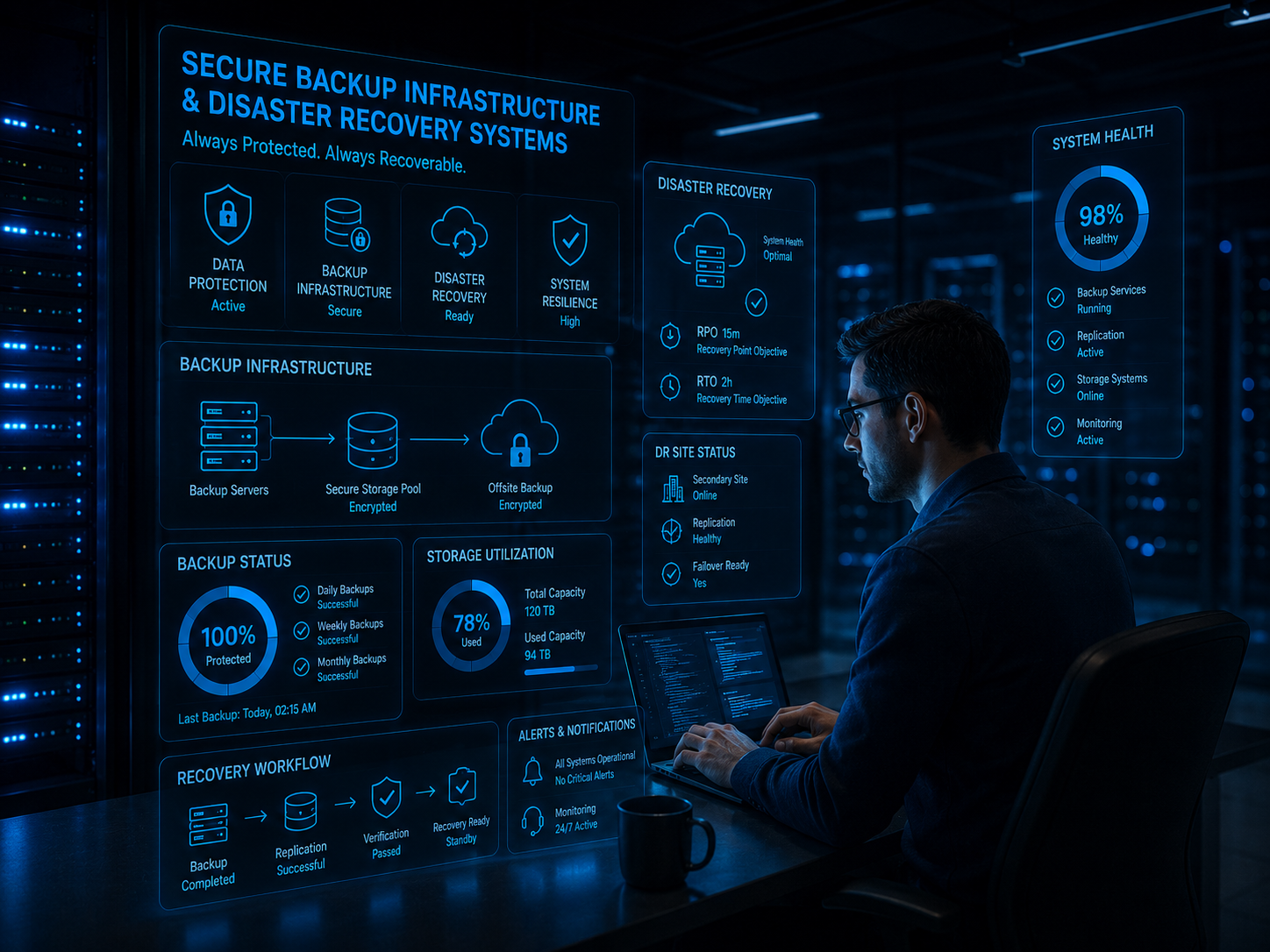 Cybersecurity Consulting Seattle for Small Businesses 2 An IT professional managing data backup and disaster recovery systems for a Seattle business.