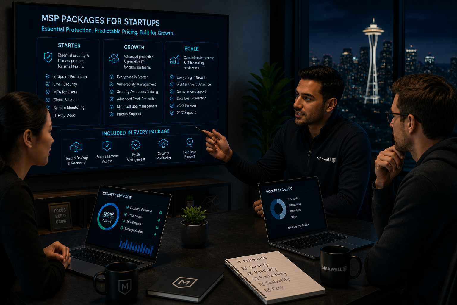 Cybersecurity Consulting Seattle for Small Businesses 3 A startup team reviewing IT security and cybersecurity package options with an IT provider.