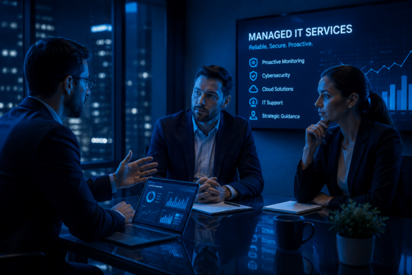 A business owner meeting with a managed IT service provider in a modern Seattle office.