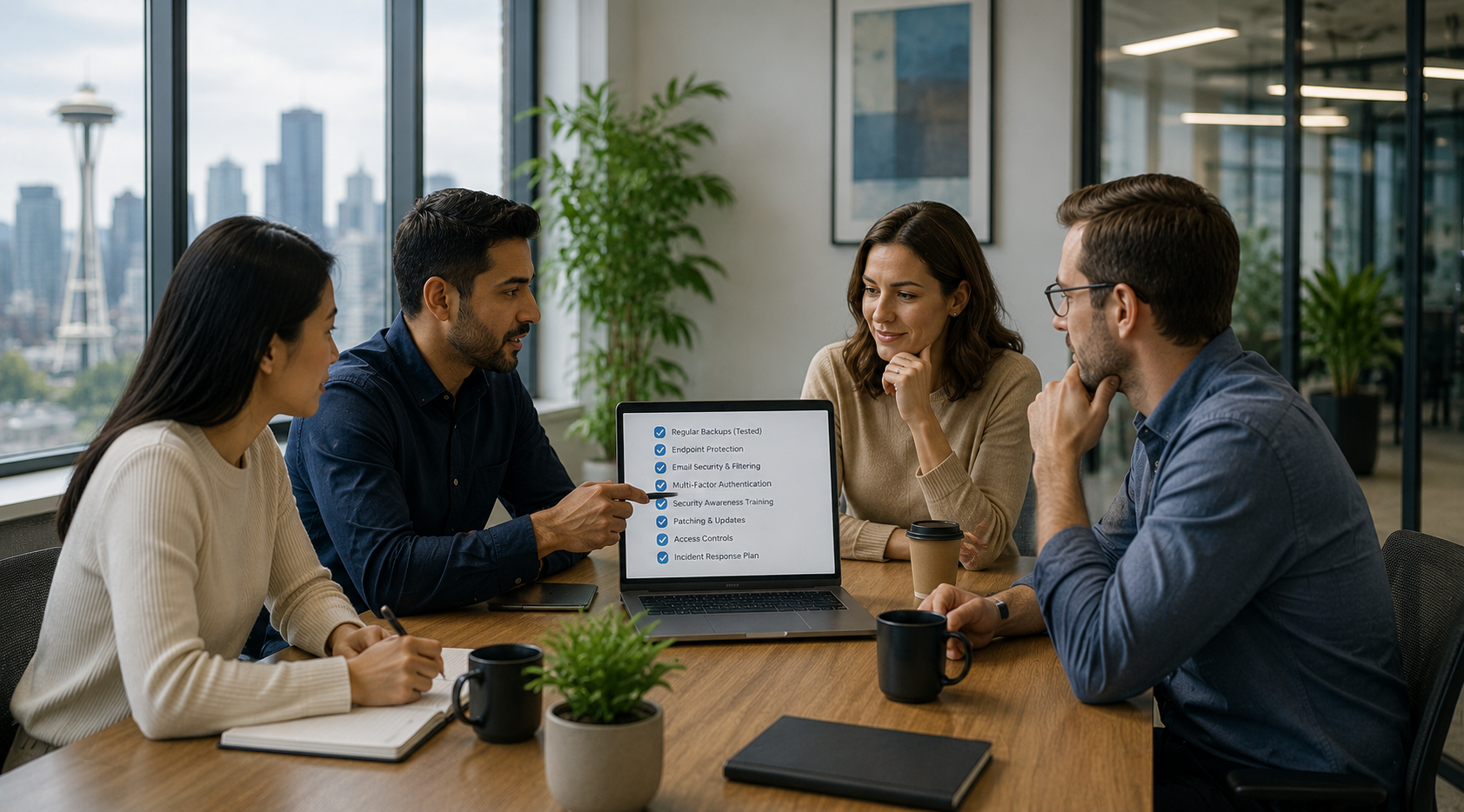 An IT team reviewing a cybersecurity checklist and incident response plan.