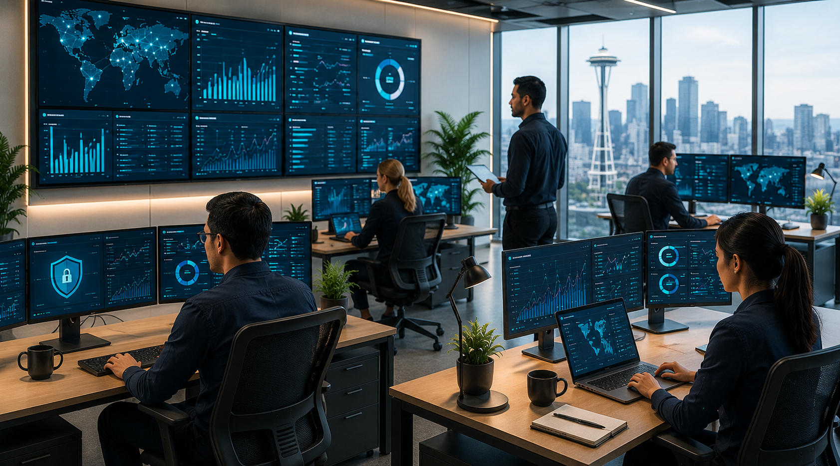A cybersecurity analyst monitoring layered business security systems and threat alerts. 