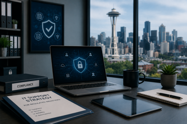 Cybersecurity professionals monitoring business systems in a modern Seattle office environment.